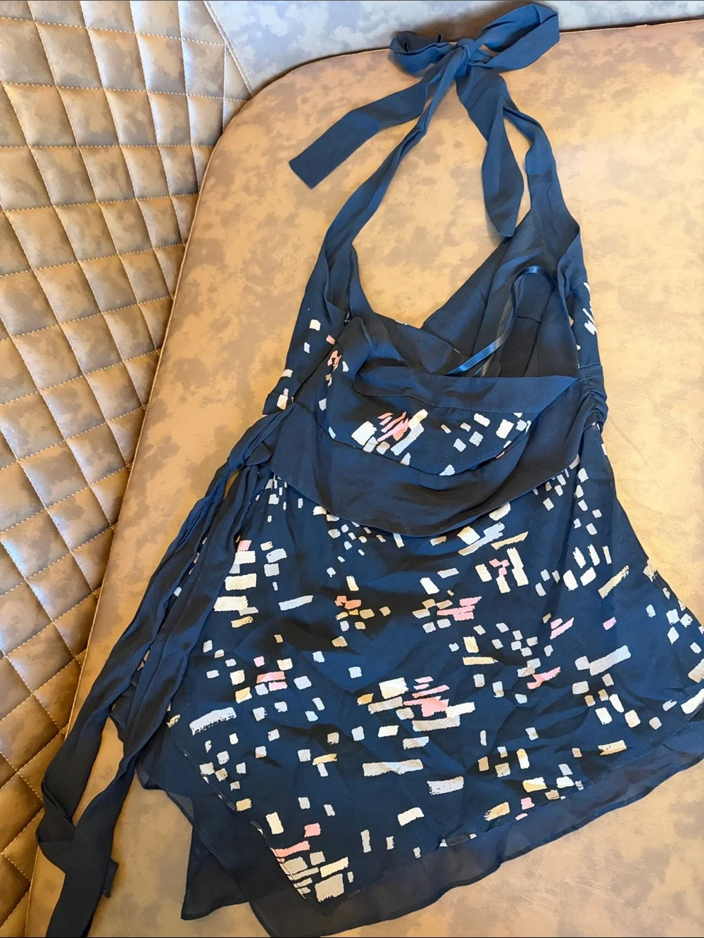 Navy Halter Top with Abstract Accent Print